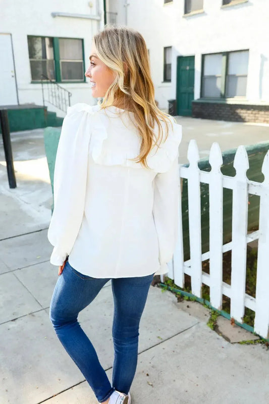 Timeless Elegance: Ivory Ruffle Bubble Sleeve Blouse with Bow Tie-Evelyns Fashion