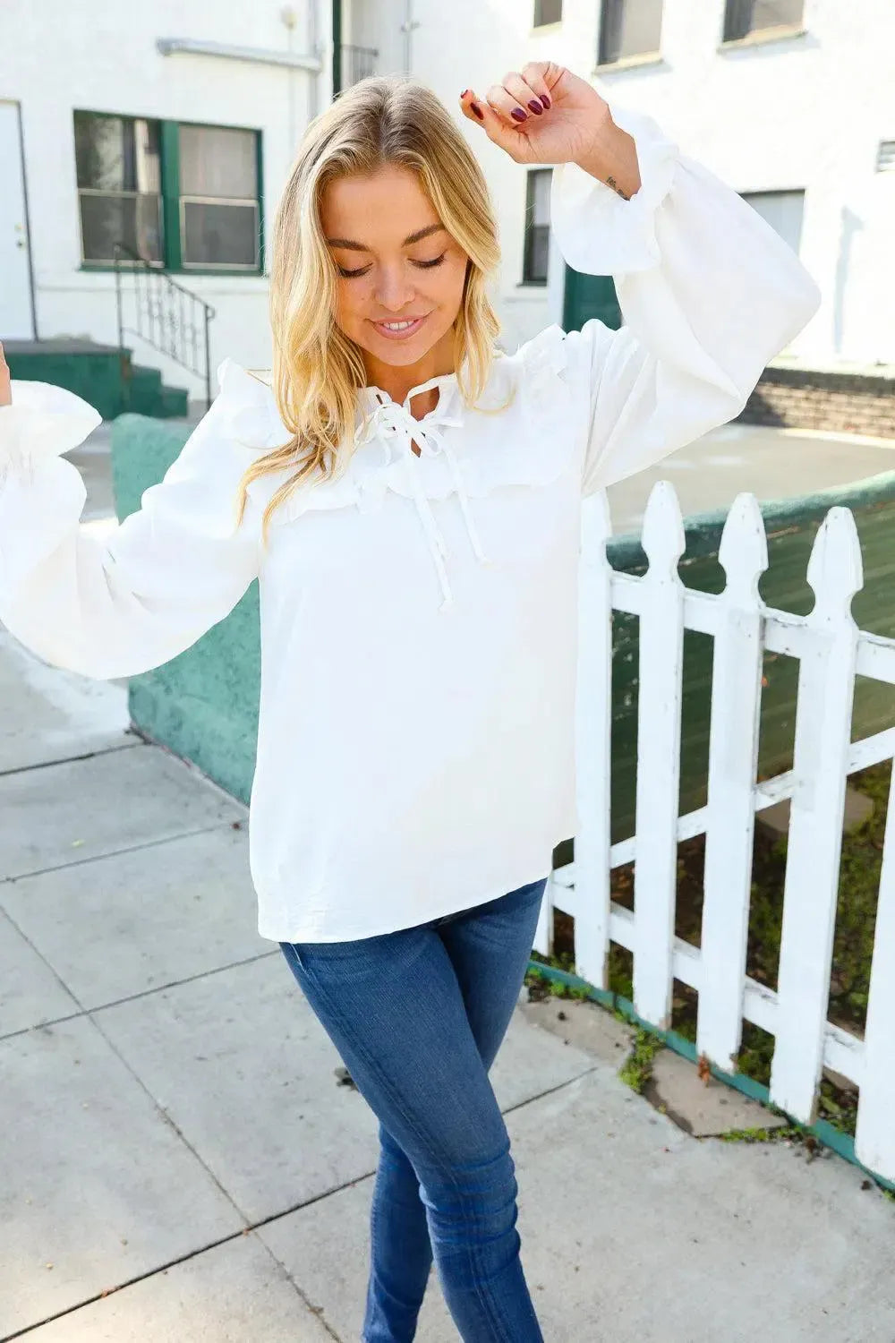 Timeless Elegance: Ivory Ruffle Bubble Sleeve Blouse with Bow Tie-Evelyns Fashion