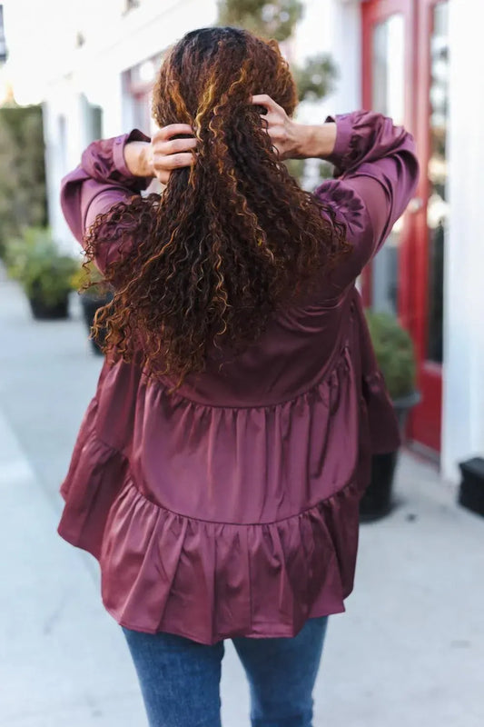 Timeless Elegance: Perfectly You Burgundy Babydoll Satin Top-Evelyns Fashion