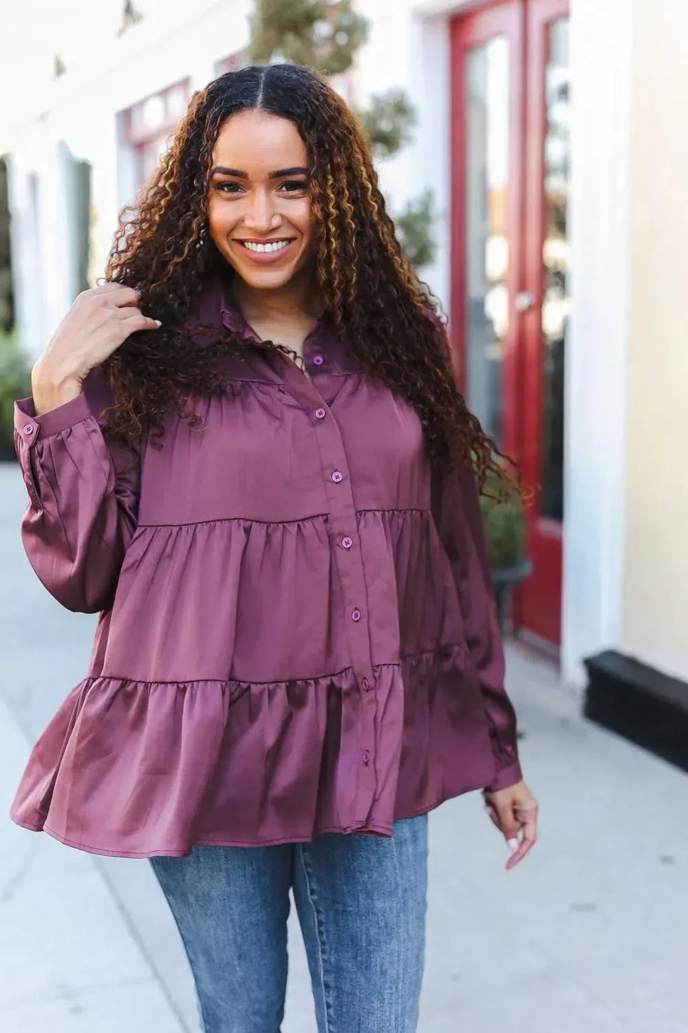 Timeless Elegance: Perfectly You Burgundy Babydoll Satin Top-Evelyns Fashion