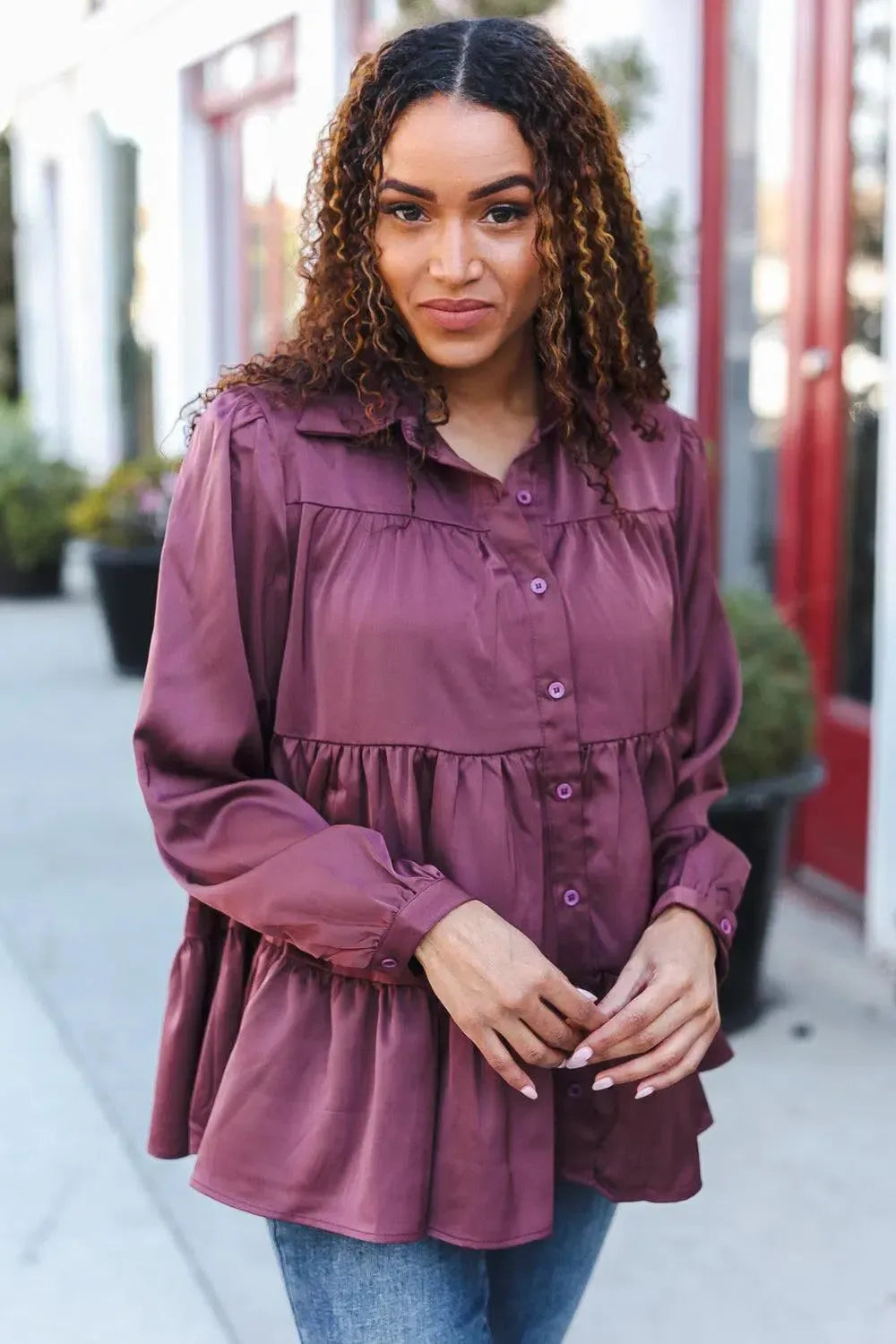 Timeless Elegance: Perfectly You Burgundy Babydoll Satin Top-Evelyns Fashion
