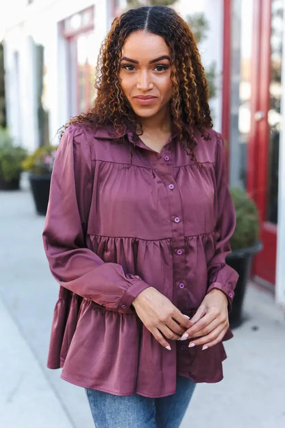 Timeless Elegance: Perfectly You Burgundy Babydoll Satin Top-Evelyns Fashion