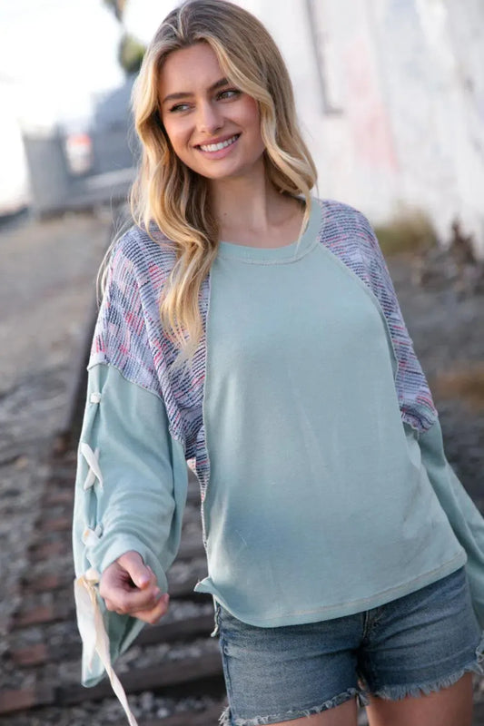 Trendy Comfort: Mint Lace Up Oversized French Terry Pullover-Evelyns Fashion