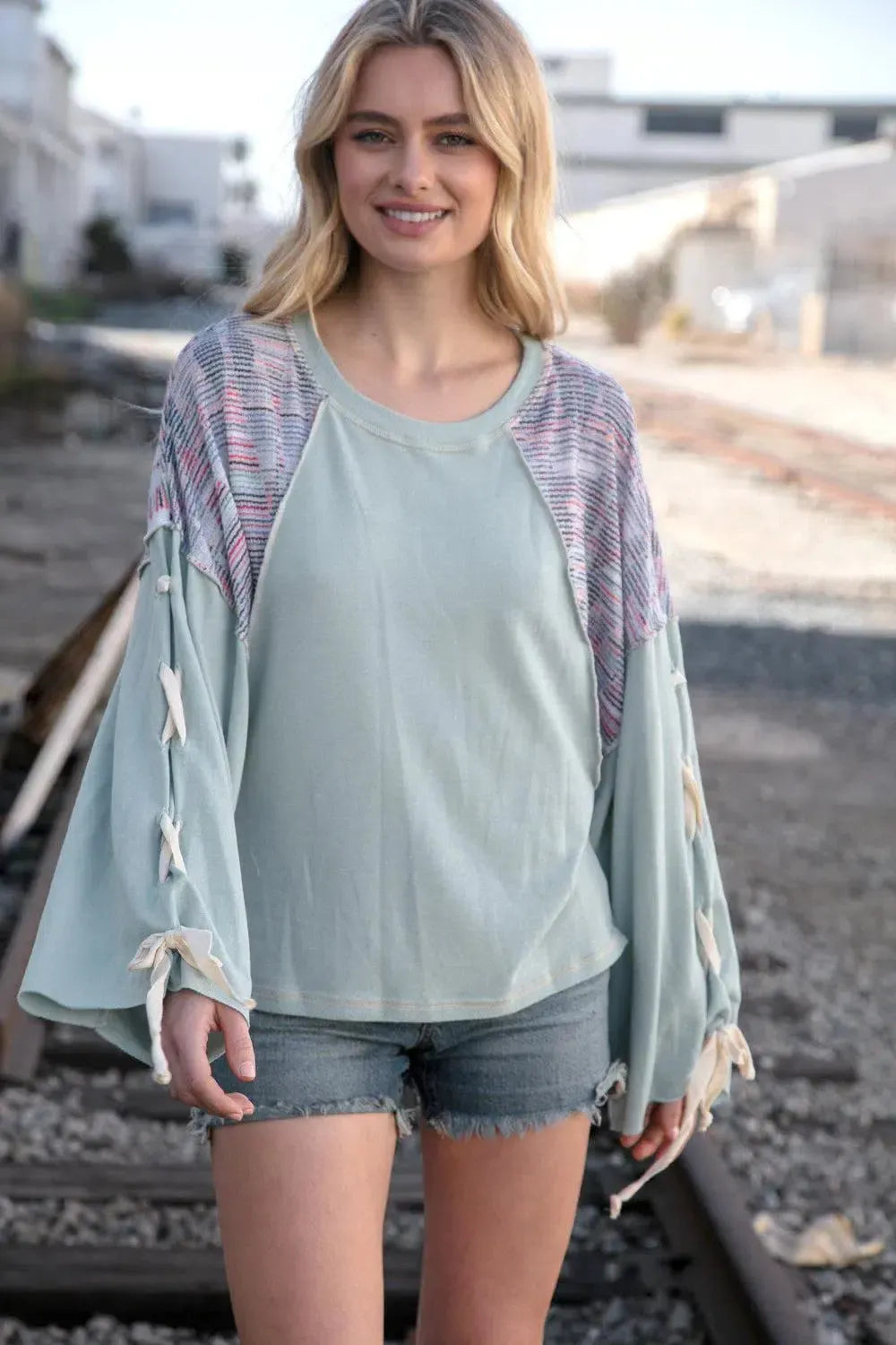 Trendy Comfort: Mint Lace Up Oversized French Terry Pullover-Evelyns Fashion