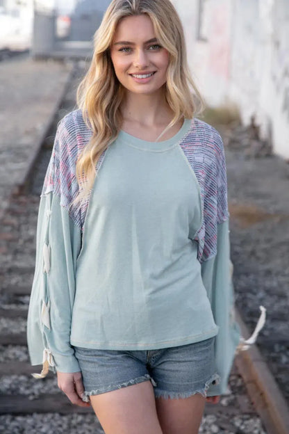Trendy Comfort: Mint Lace Up Oversized French Terry Pullover-Evelyns Fashion