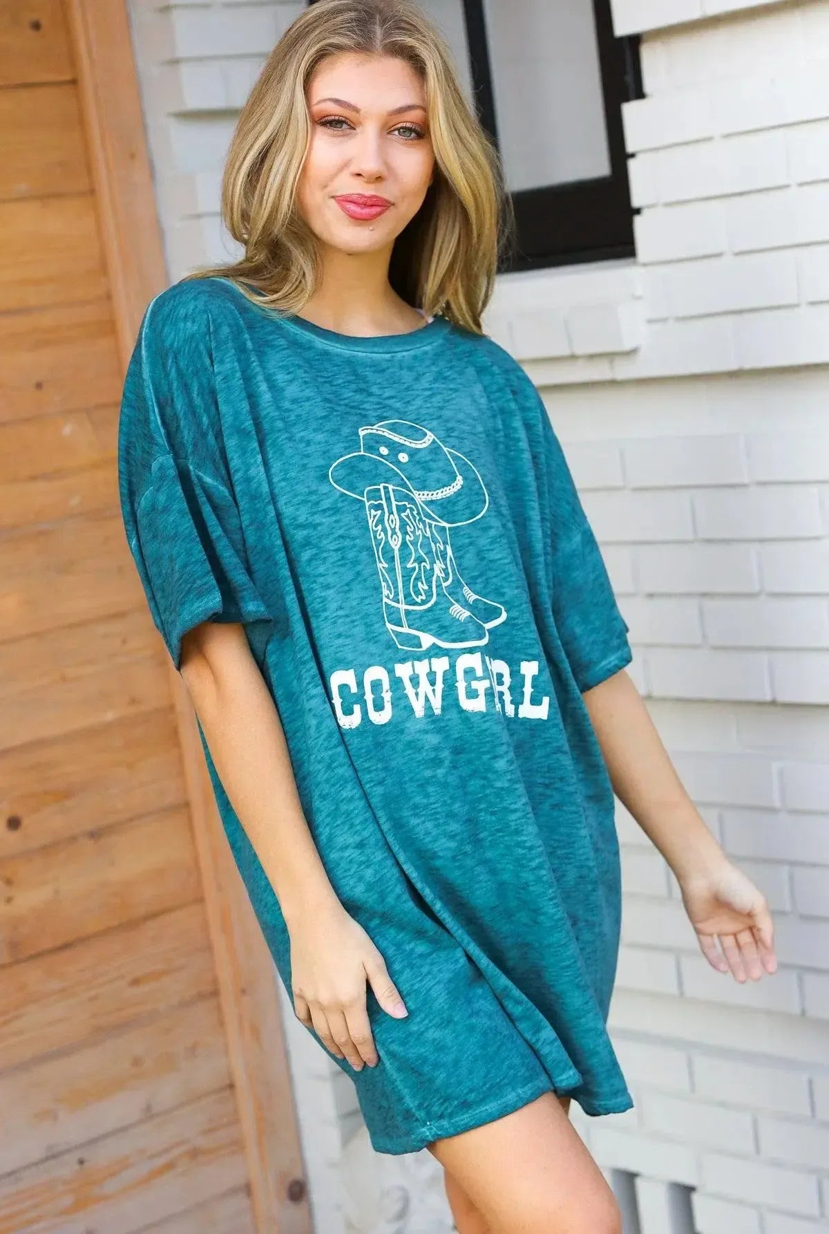 Trendy Cotton Blend Cowgirl Graphic Long Tee for Women-Evelyns Fashion