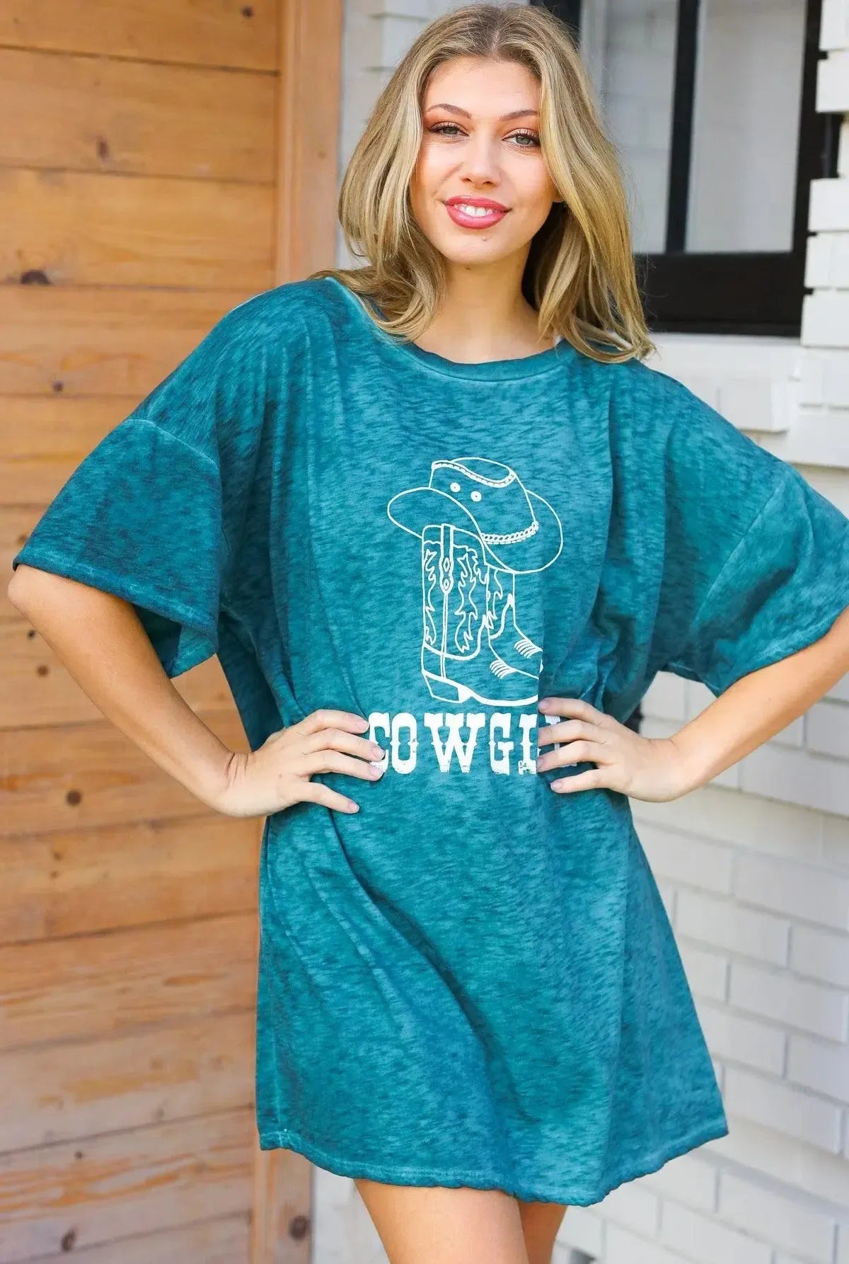 Trendy Cotton Blend Cowgirl Graphic Long Tee for Women-Evelyns Fashion
