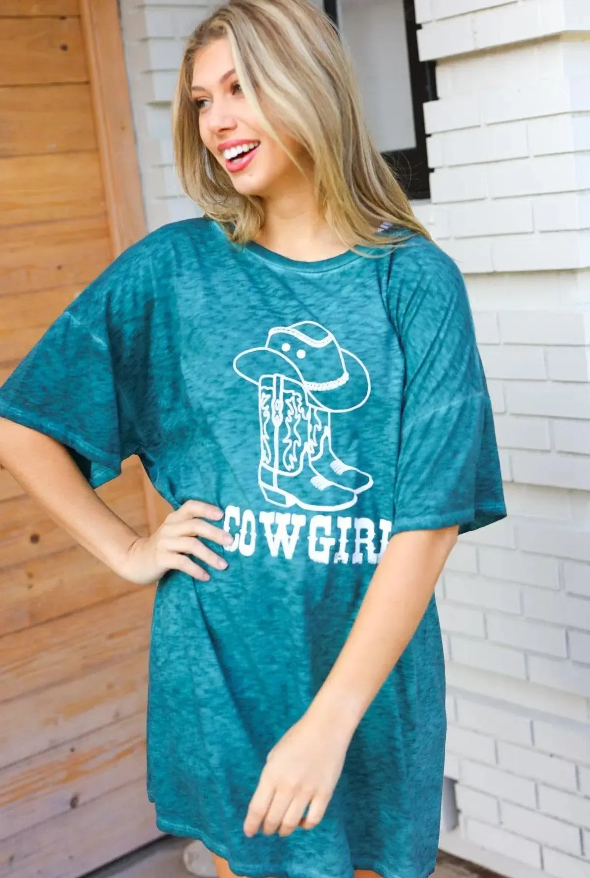 Trendy Cotton Blend Cowgirl Graphic Long Tee for Women-Evelyns Fashion