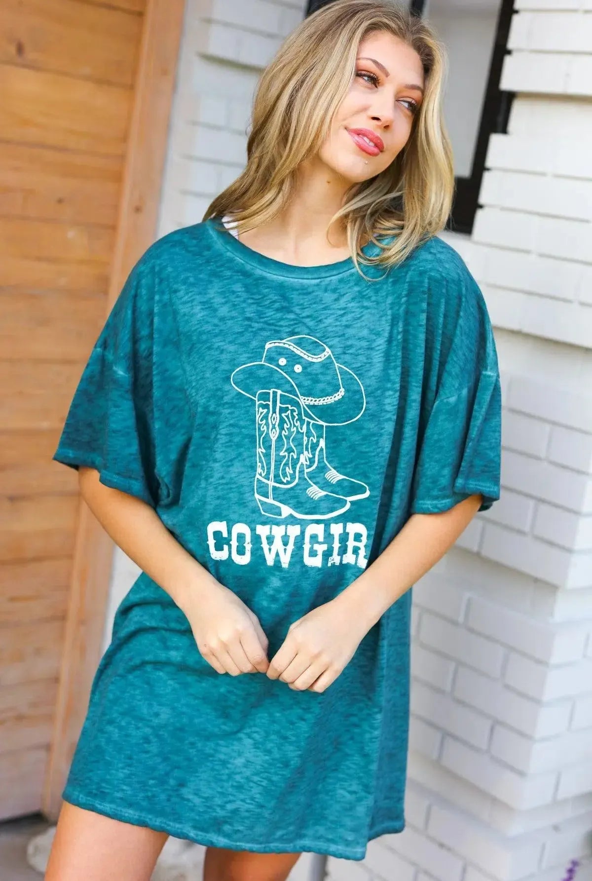 Trendy Cotton Blend Cowgirl Graphic Long Tee for Women-Evelyns Fashion