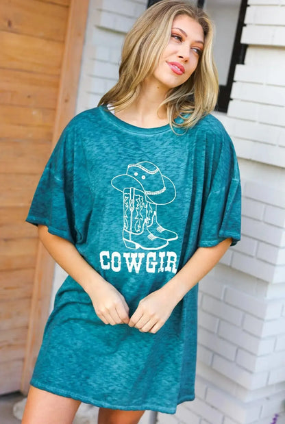 Trendy Cotton Blend Cowgirl Graphic Long Tee for Women-Evelyns Fashion