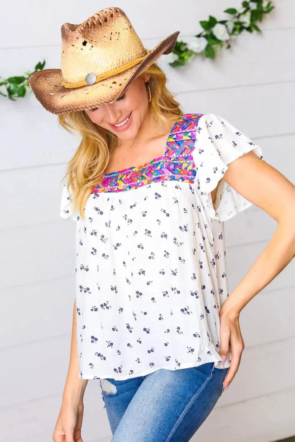 Trendy Multicolor Embroidered Square Neck Top for Women-Evelyns Fashion
