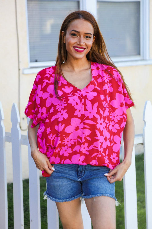 Tropical Trance Magenta Floral V Neck Woven Top-Blouses-Evelyns Fashion