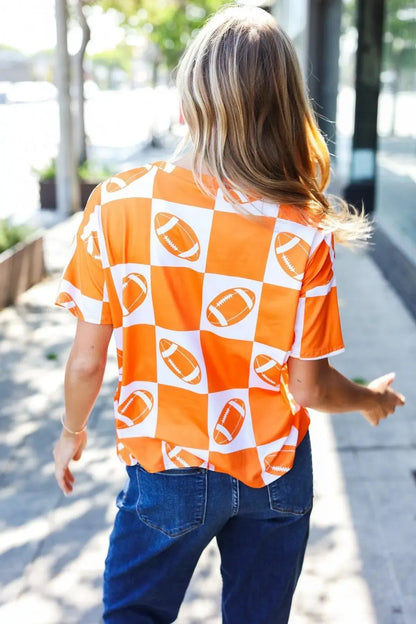 Turn Up The Volume Orange Football Checker Top-Evelyns Fashion