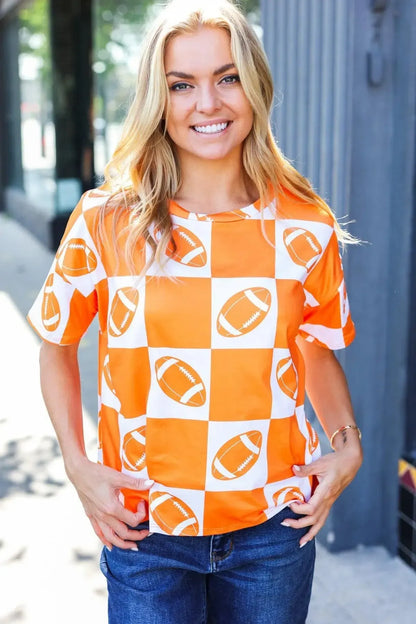 Turn Up The Volume Orange Football Checker Top-Evelyns Fashion