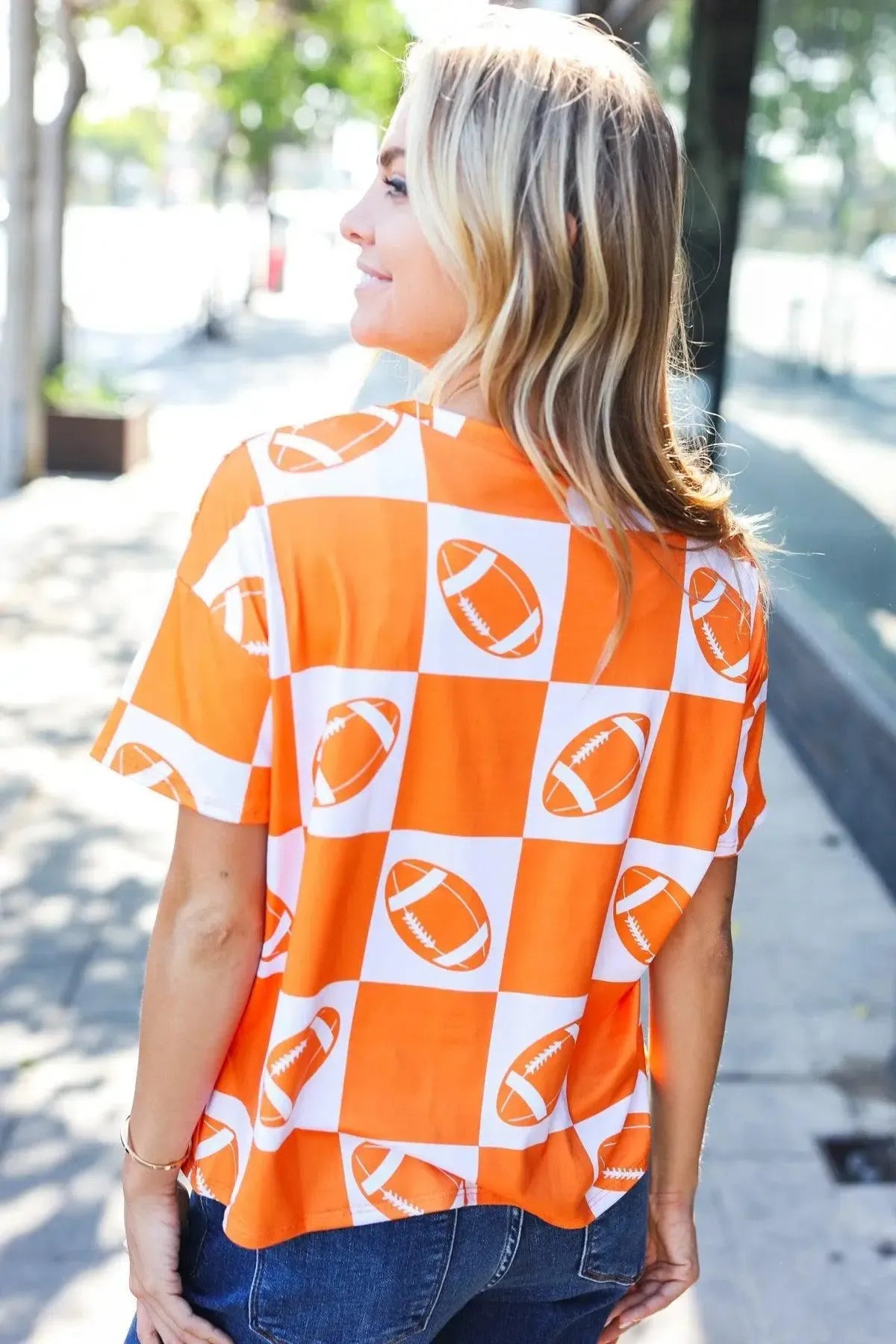 Turn Up The Volume Orange Football Checker Top-Evelyns Fashion