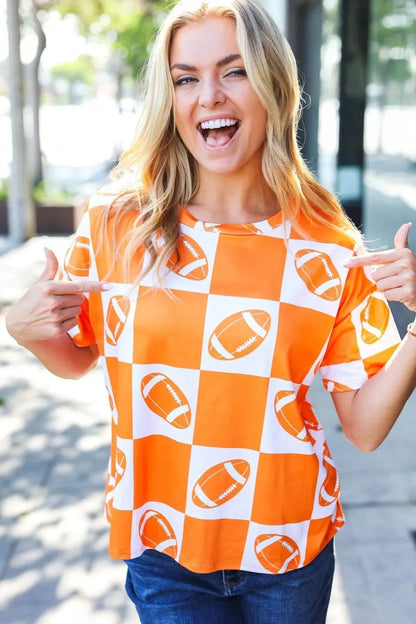 Turn Up The Volume Orange Football Checker Top-Evelyns Fashion