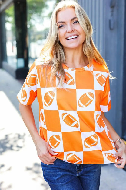 Turn Up The Volume Orange Football Checker Top-Evelyns Fashion