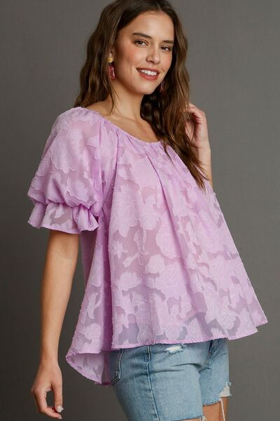 Umgee Plus Size Jacquard Blouse – Ruffled Puff Sleeves & Round Neck Elegance-Evelyns Fashion
