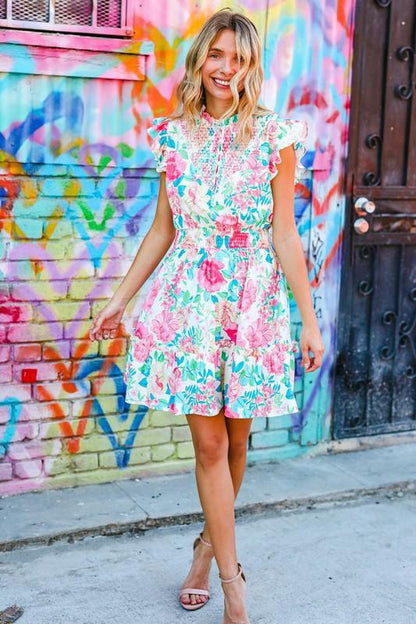 Under Your Spell Floral Smocked Flutter Sleeve Ruffle Mini Dress-Evelyns Fashion