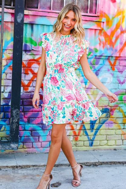 Under Your Spell Floral Smocked Flutter Sleeve Ruffle Mini Dress-Evelyns Fashion
