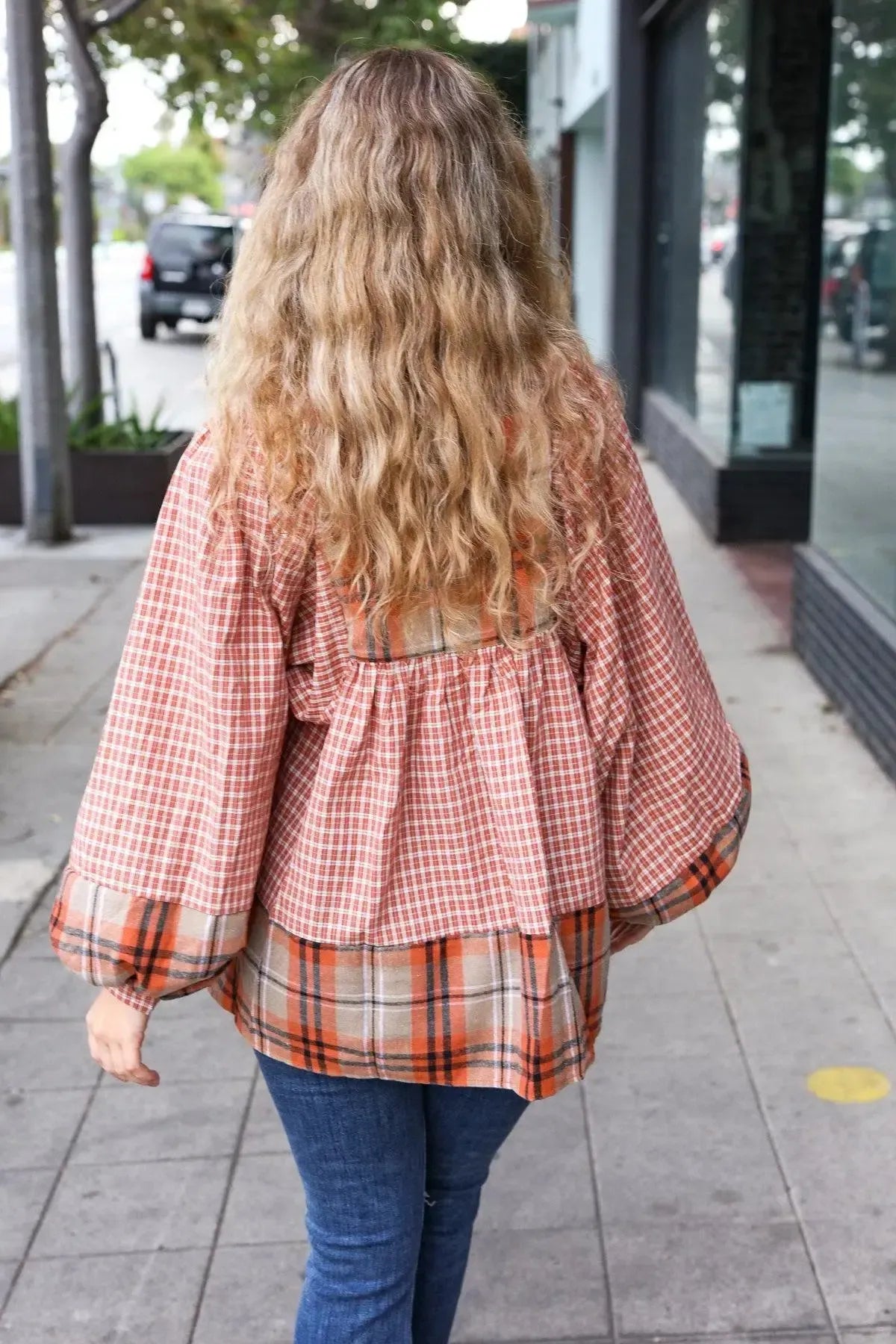 Under Your Spell Rust Plaid Color Block Notch Neck Top-Evelyns Fashion