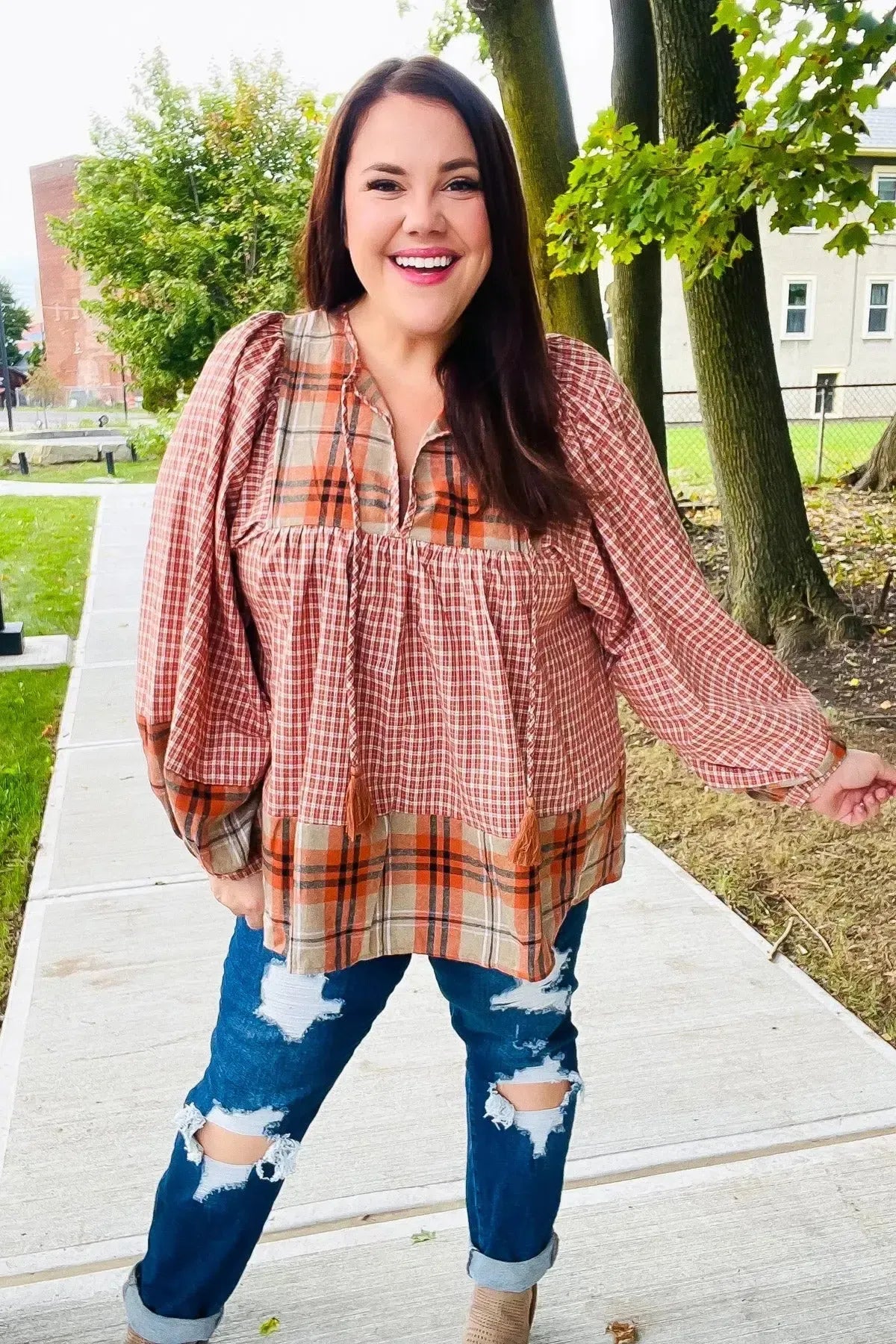 Under Your Spell Rust Plaid Color Block Notch Neck Top-Evelyns Fashion