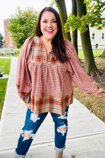 Under Your Spell Rust Plaid Color Block Notch Neck Top-Evelyns Fashion