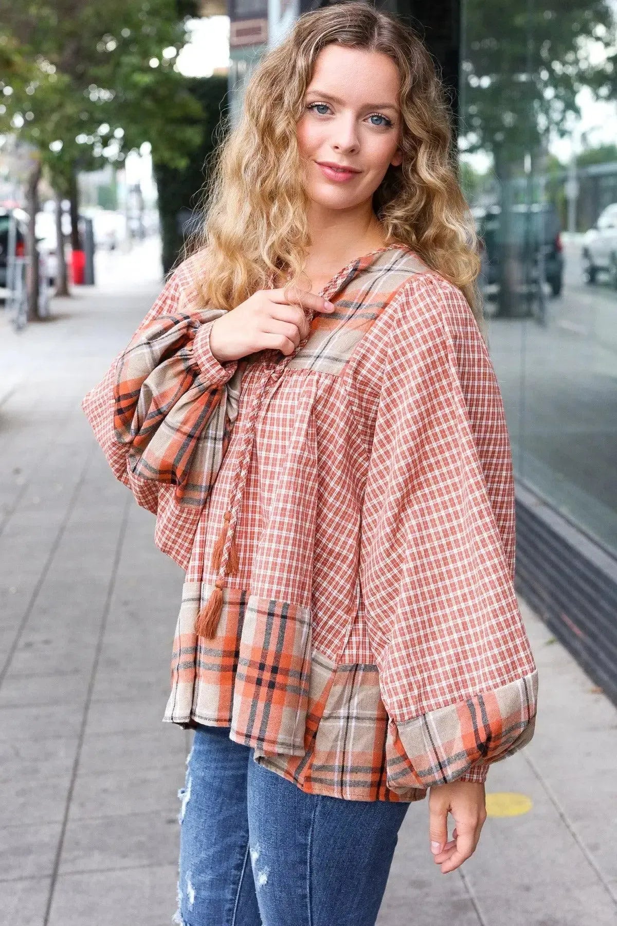 Under Your Spell Rust Plaid Color Block Notch Neck Top-Evelyns Fashion
