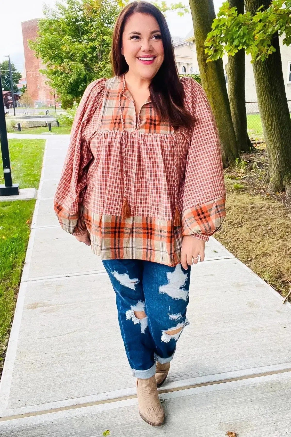 Under Your Spell Rust Plaid Color Block Notch Neck Top-Evelyns Fashion