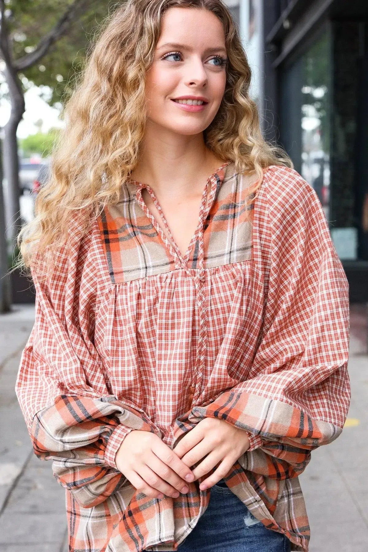 Under Your Spell Rust Plaid Color Block Notch Neck Top-Evelyns Fashion