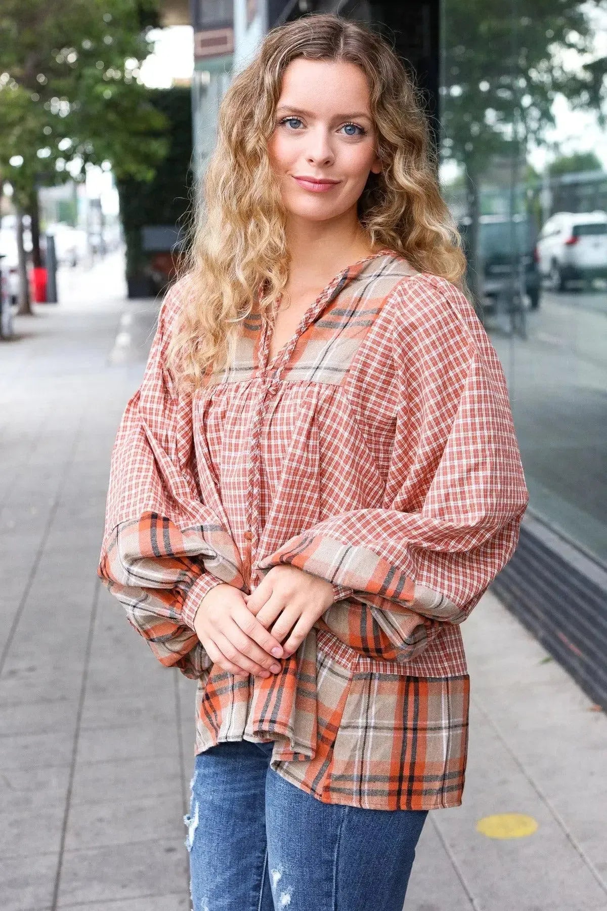 Under Your Spell Rust Plaid Color Block Notch Neck Top-Evelyns Fashion