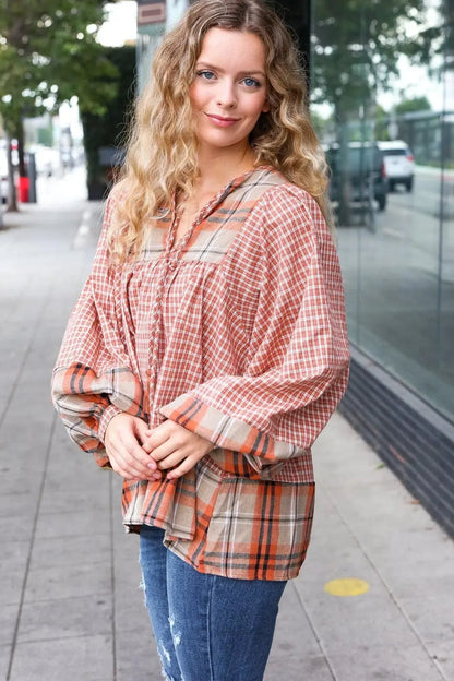 Under Your Spell Rust Plaid Color Block Notch Neck Top-Evelyns Fashion