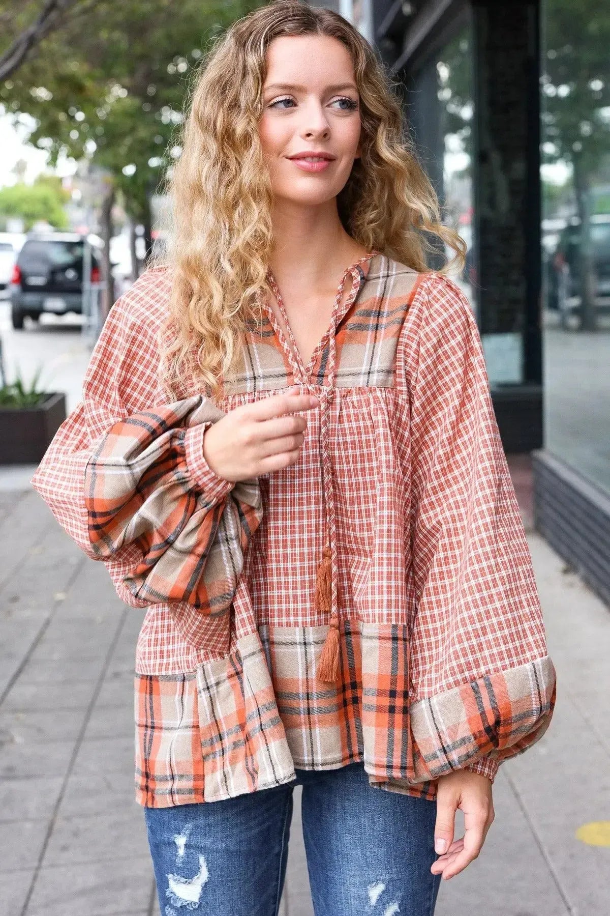 Under Your Spell Rust Plaid Color Block Notch Neck Top-Evelyns Fashion