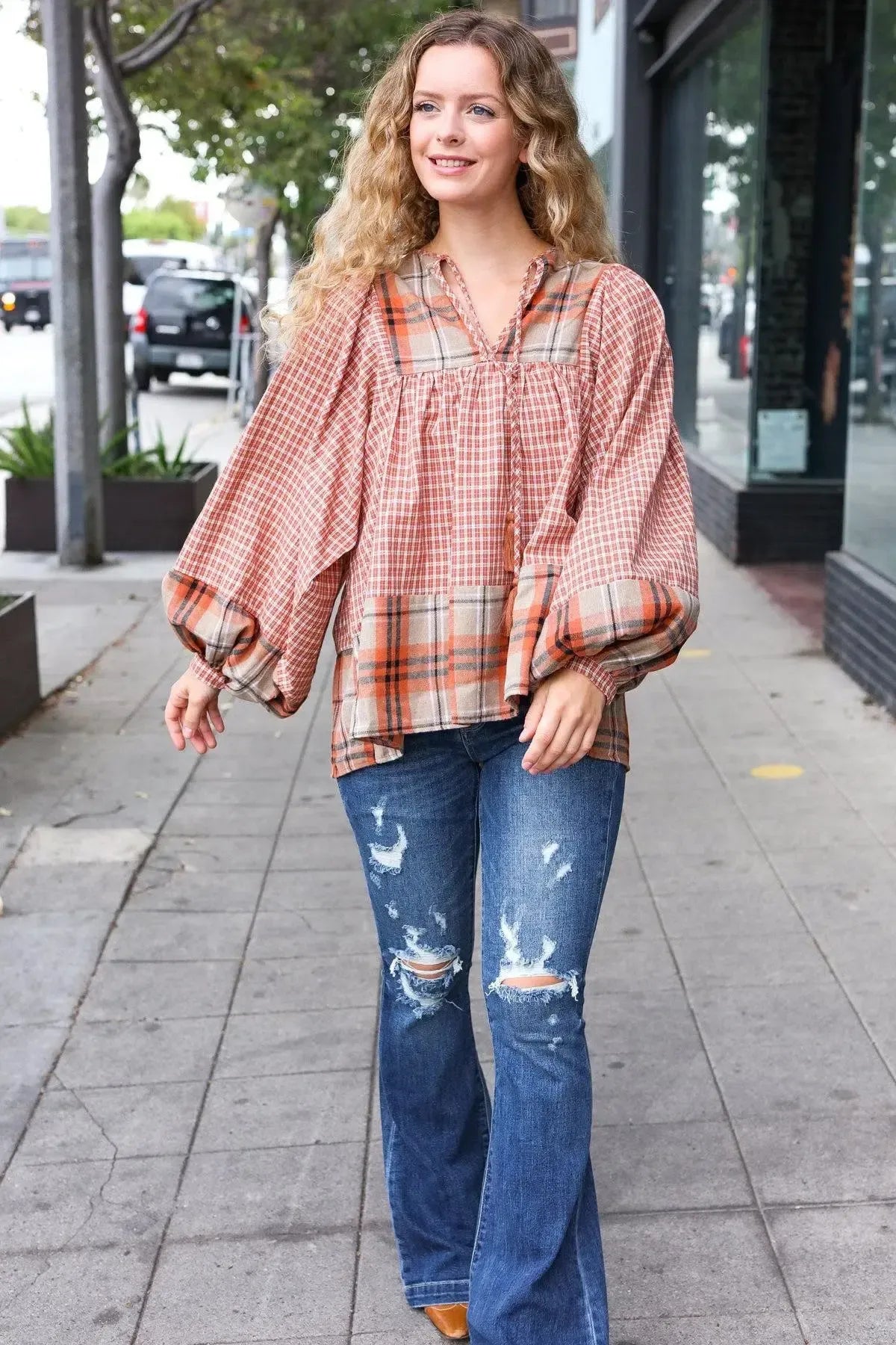 Under Your Spell Rust Plaid Color Block Notch Neck Top-Evelyns Fashion