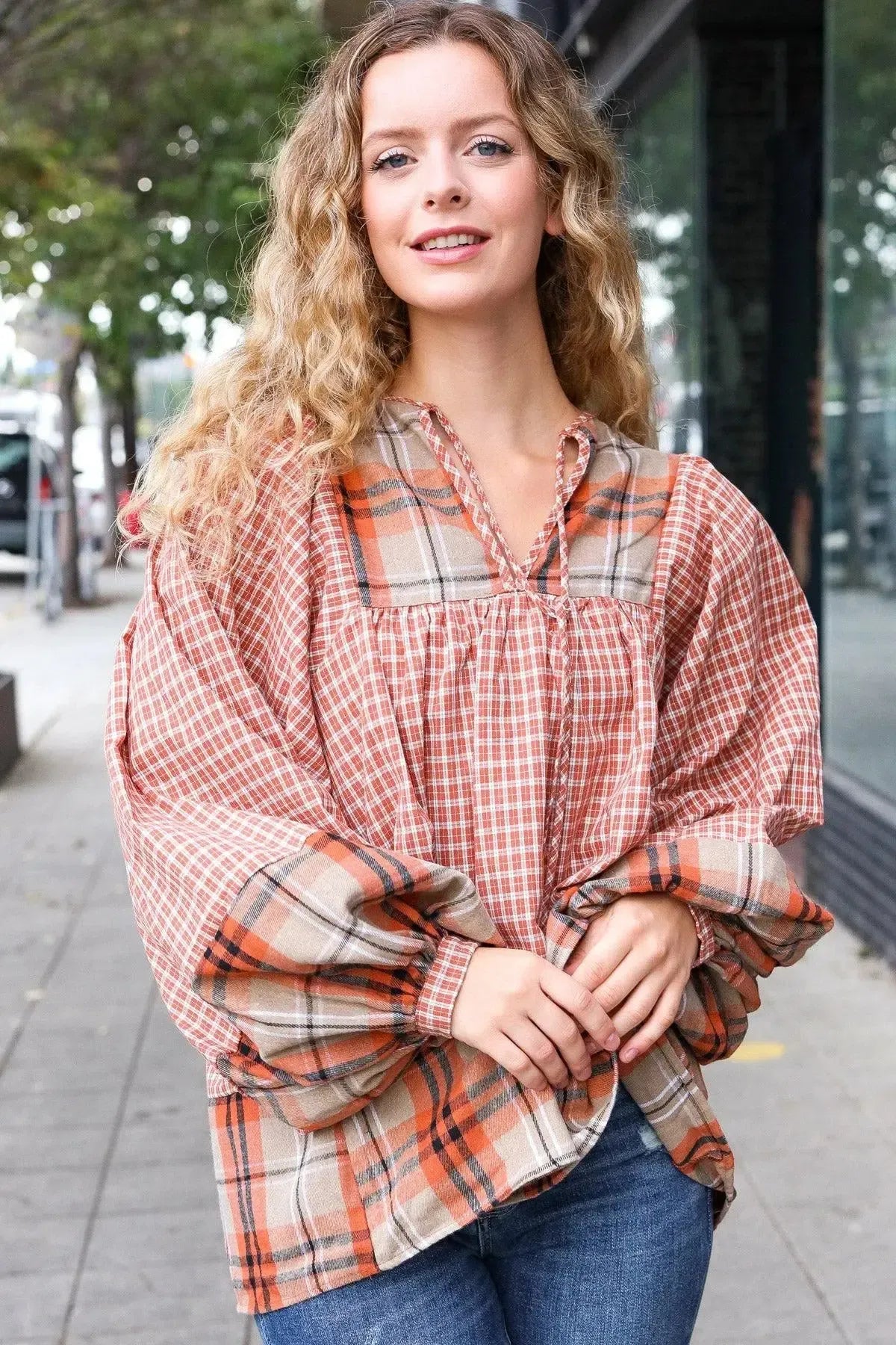 Under Your Spell Rust Plaid Color Block Notch Neck Top-Evelyns Fashion