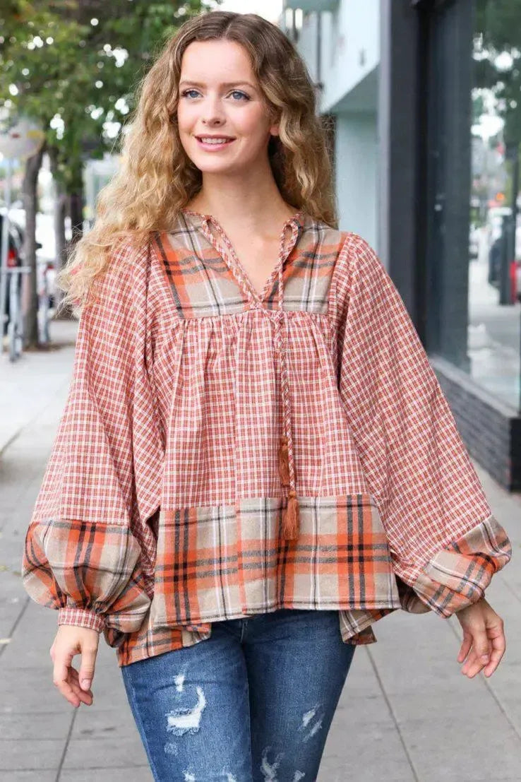 Under Your Spell Rust Plaid Color Block Notch Neck Top-Evelyns Fashion
