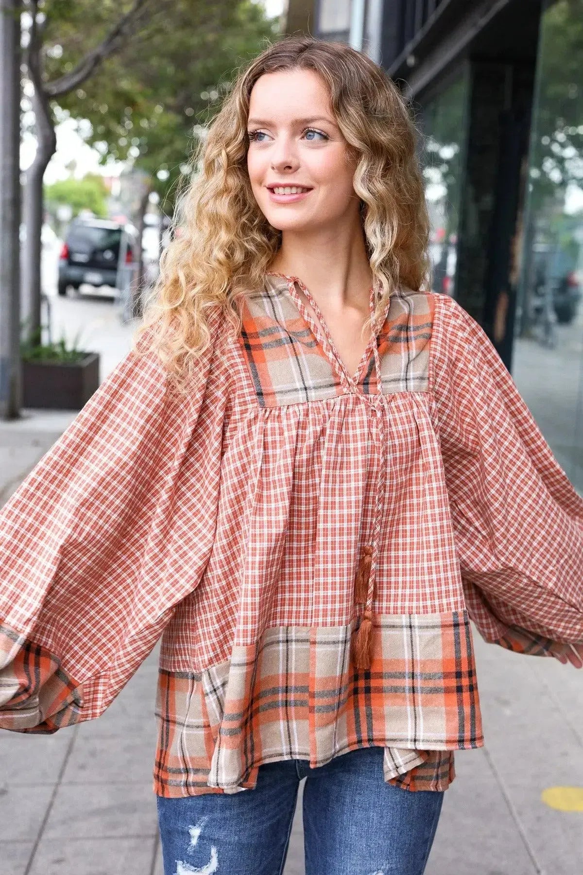 Under Your Spell Rust Plaid Color Block Notch Neck Top-Evelyns Fashion