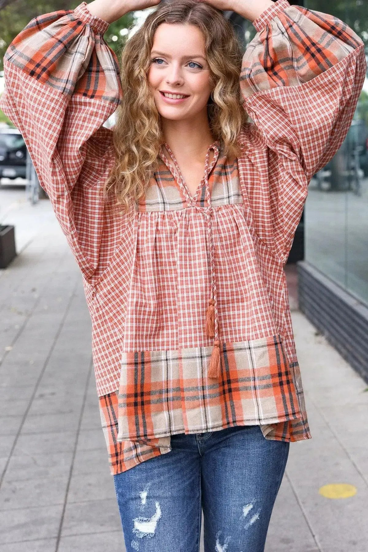 Under Your Spell Rust Plaid Color Block Notch Neck Top-Evelyns Fashion