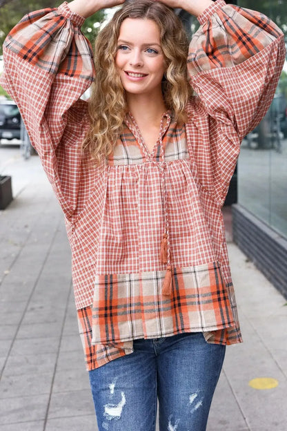 Under Your Spell Rust Plaid Color Block Notch Neck Top-Evelyns Fashion