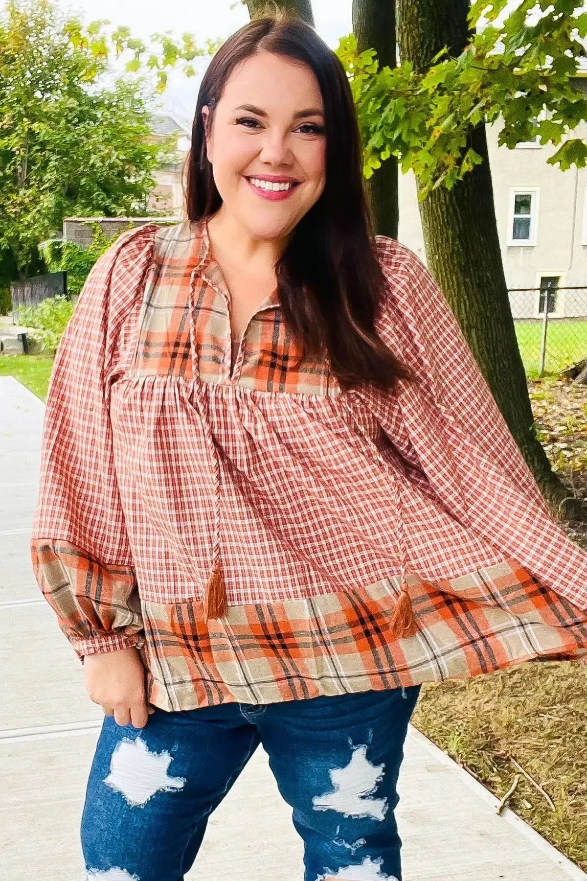 Under Your Spell Rust Plaid Color Block Notch Neck Top-Evelyns Fashion