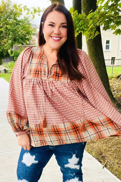 Under Your Spell Rust Plaid Color Block Notch Neck Top-Evelyns Fashion