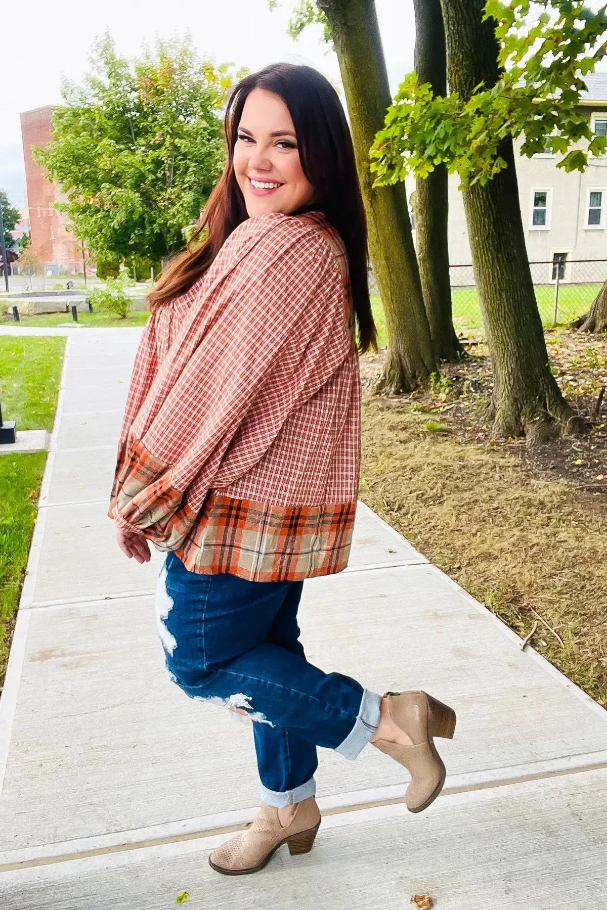 Under Your Spell Rust Plaid Color Block Notch Neck Top-Evelyns Fashion