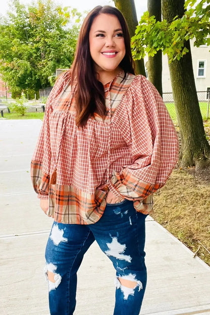 Under Your Spell Rust Plaid Color Block Notch Neck Top-Evelyns Fashion