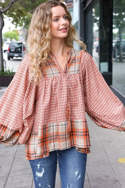 Under Your Spell Rust Plaid Color Block Notch Neck Top-Evelyns Fashion