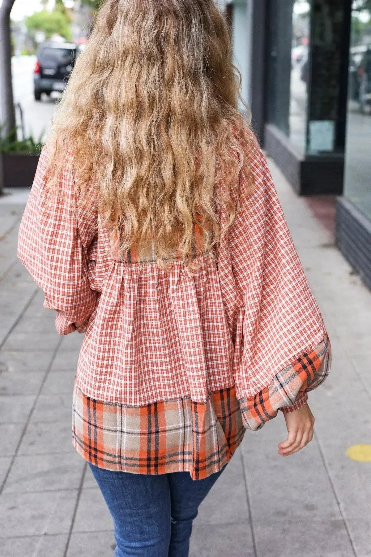 Under Your Spell Rust Plaid Color Block Notch Neck Top-Evelyns Fashion