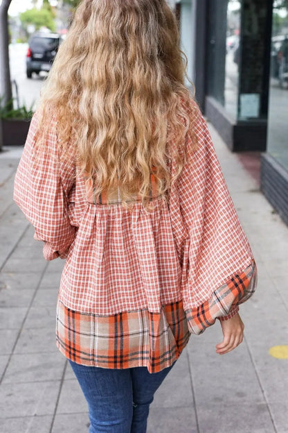 Under Your Spell Rust Plaid Color Block Notch Neck Top-Evelyns Fashion