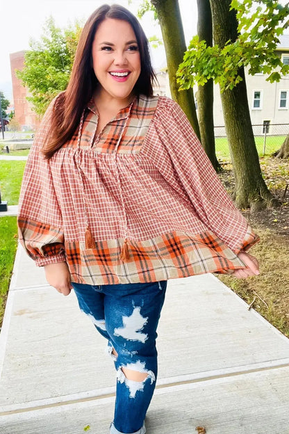 Under Your Spell Rust Plaid Color Block Notch Neck Top-Evelyns Fashion