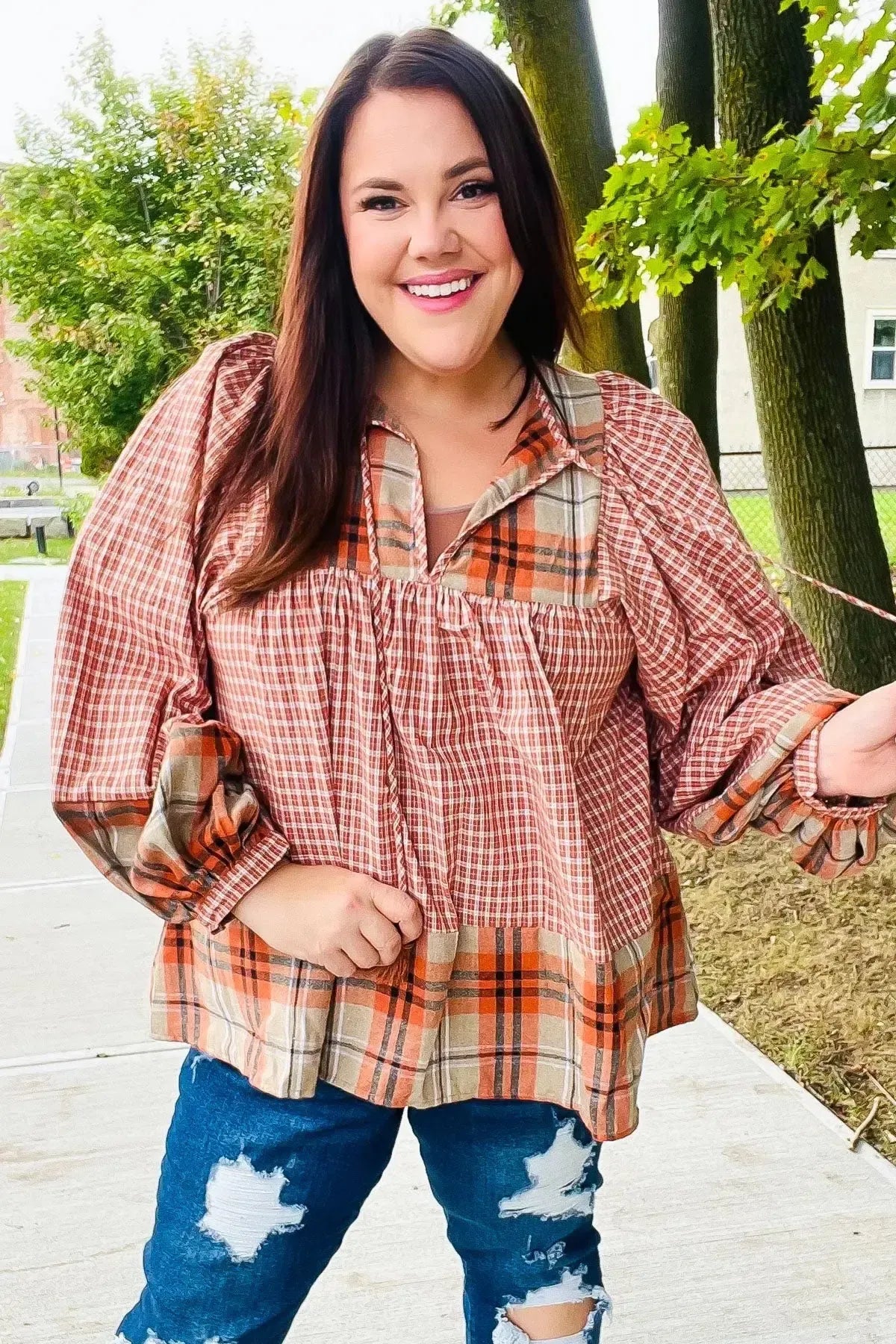 Under Your Spell Rust Plaid Color Block Notch Neck Top-Evelyns Fashion