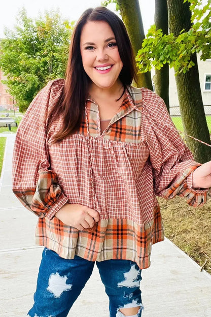 Under Your Spell Rust Plaid Color Block Notch Neck Top-Evelyns Fashion