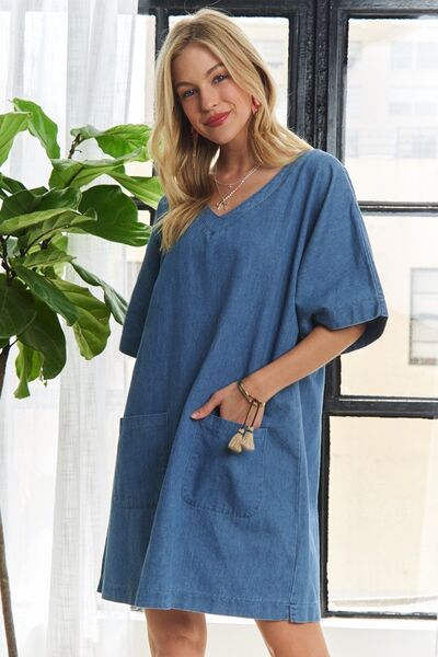 V-Neck Denim Midi Dress-Evelyns Fashion